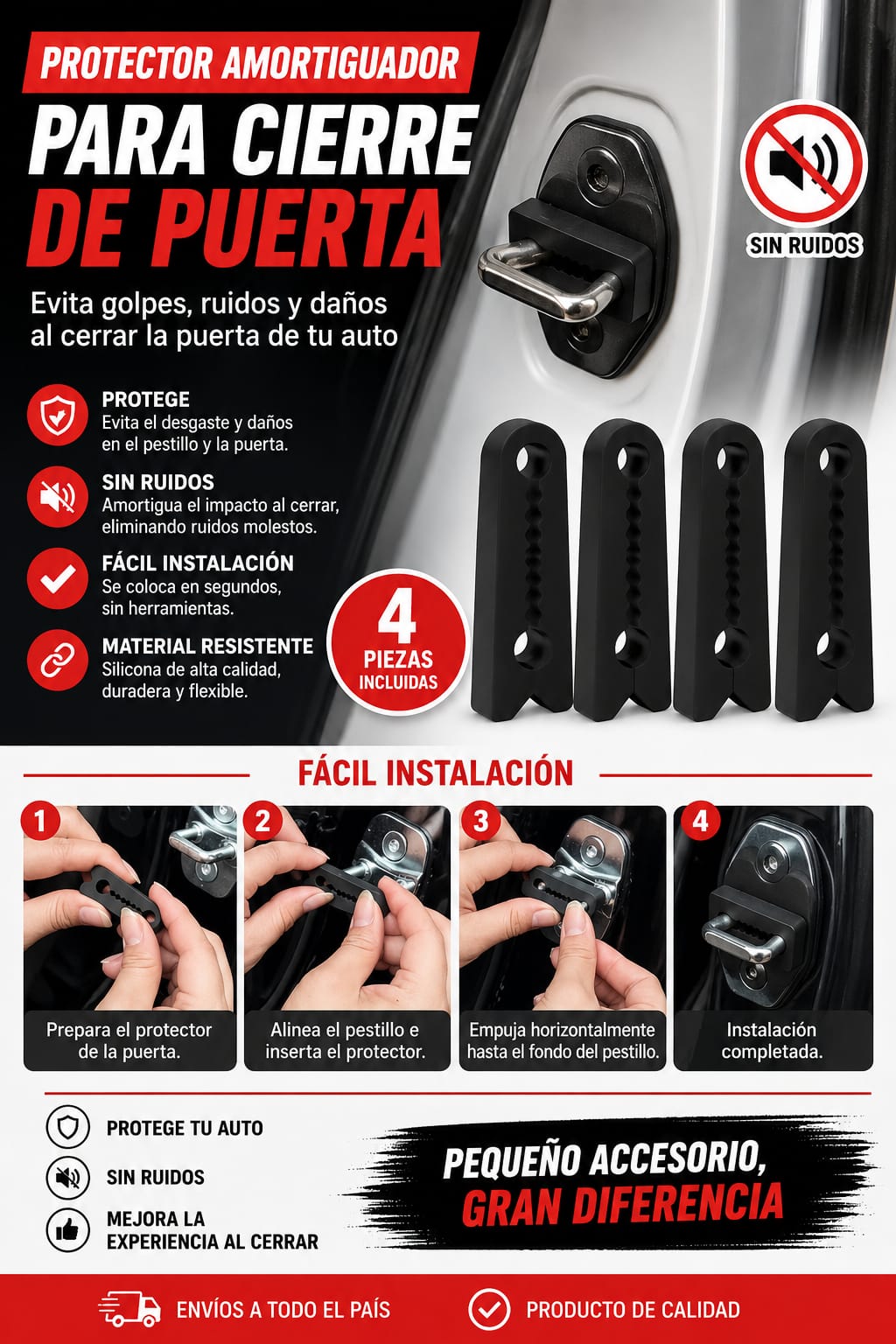 Almohadilla de silicona antiruido para puertas protectoras de auto. Pack de 4 unidades color Negro